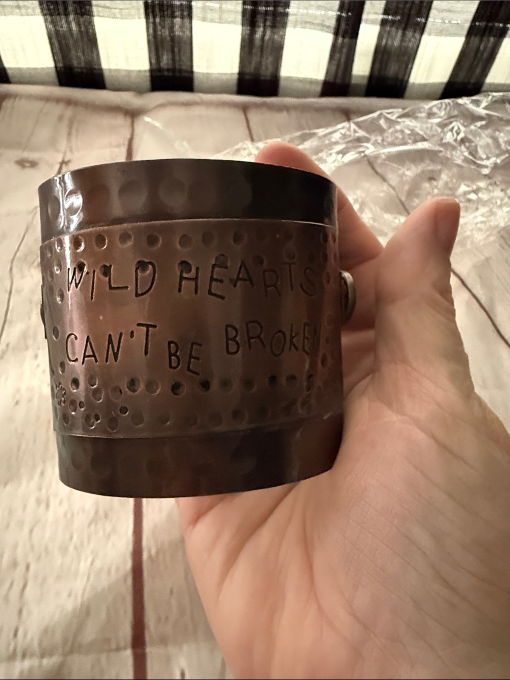 Copper Accent Cuff Bracelet Wild Hearts Cant Be Broken Distressed Finish